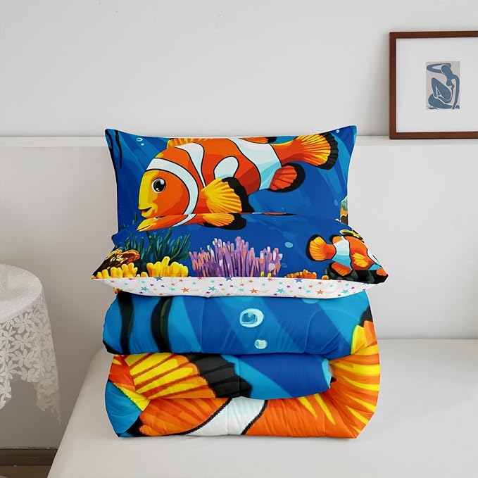 Tropical Fish Comforter Set Queen Size,Colorful Underwater World Bedding Set,Coral Fish Ocean Life Quilt Set for Kids Girls Boys Teens Room Decor,Hawaii Sea Style Duvet Insert,2 Pillowcases