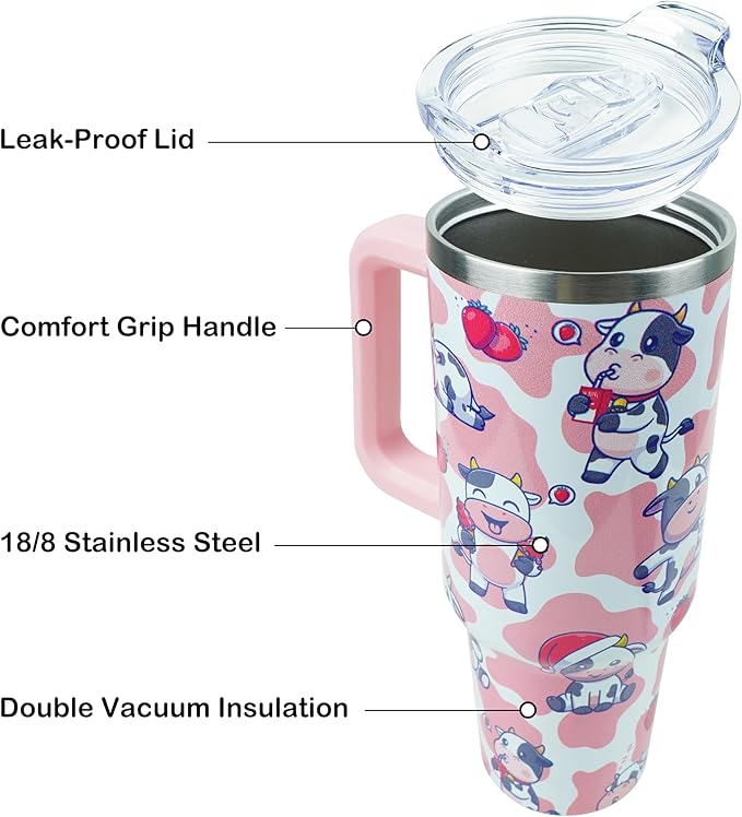 40 oz Tumbler with Handle and Straw, Stainless Steel Insulated Cup with Leak Proof Lid and Straw Lid, Keep Drinks Cold and Hot for Hours(Strawberry Cow)