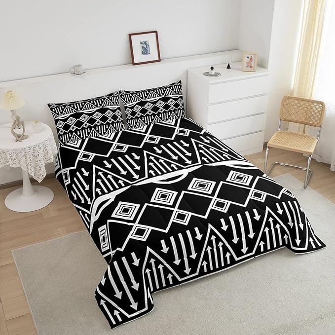 Boho Aztec Bedding Set King Size Black and White Comforter Set Exotic Morden Triangle Lattice Down Comforter Tribal Minimalism Room Decor 3 Pieces Quilted Duvet for Adult Men Women