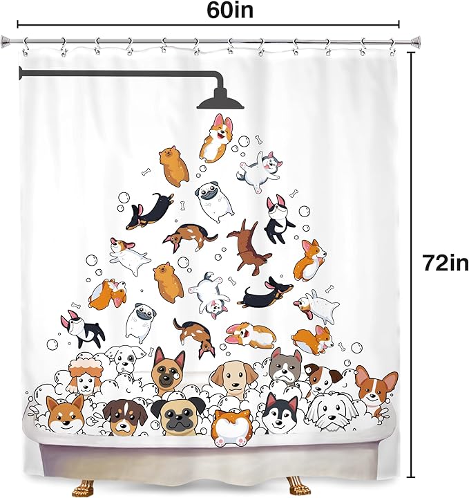 SVBright Cute Dogs Shower Curtain 60Wx72L Inch Kids Colorful Cartoon Animals Playing Water Lovely Funny Hilarious 12 Pack Hooks Polyester Waterproof Fabric Bathroom Bathtub Panels