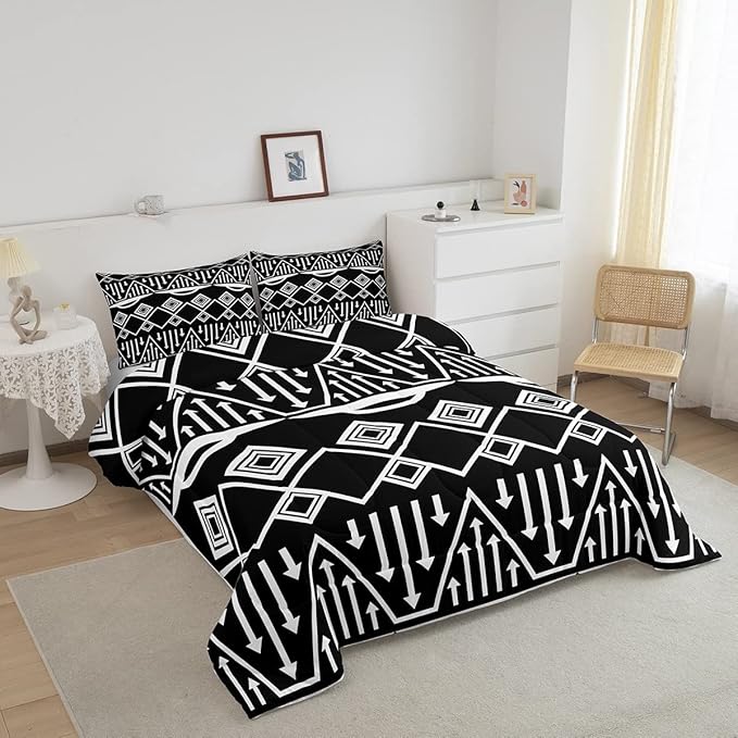 Boho Aztec Bedding Set King Size Black and White Comforter Set Exotic Morden Triangle Lattice Down Comforter Tribal Minimalism Room Decor 3 Pieces Quilted Duvet for Adult Men Women