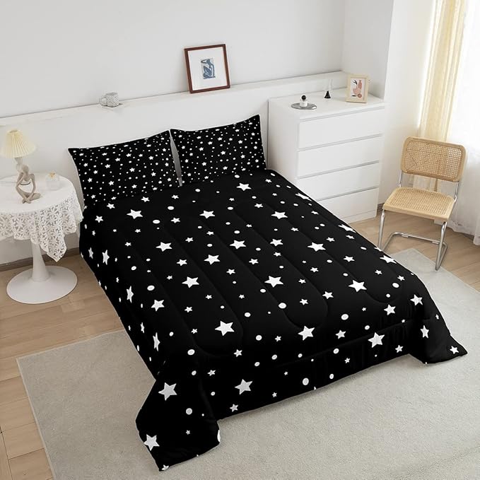 Starry Sky Comforter Set Twin Size Galaxy Star Bedding Set for Kids Boys Girls, Outer Space Down Comforter, Black and White Geometric Polka Dots Quilt Set Warm Soft Bedroom Decor 1 Pillow Case