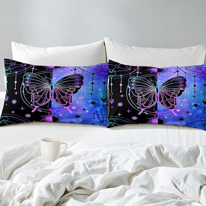 Butterfly Comforter Set for Girls Women, Butterfly Bed Set, Boho Butterflies with Sun and Moon Printed Bedding Sets, Black Blue Butterfly Comforter Set Full Size with 2 Pillowcases