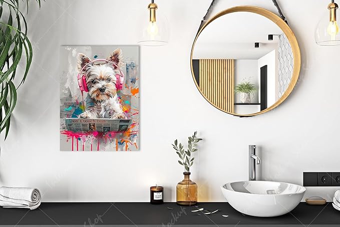 Ypxzzj Cool Colorful Graffiti Dog Wall Art for Bathroom, Funny Animal Canvas Print Painting for Bedroom,Graffiti Art Pictures for Living Room Home Decor Size 12x16Inch Framed Ready to Hang