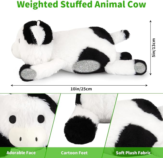 Weighted Stuffed Animals,10 inch Weighted Cow Stuffed Animals,Cute Cow Plushie Dolls Plush Pillow Birthday Gifts for Kids Boys Girls