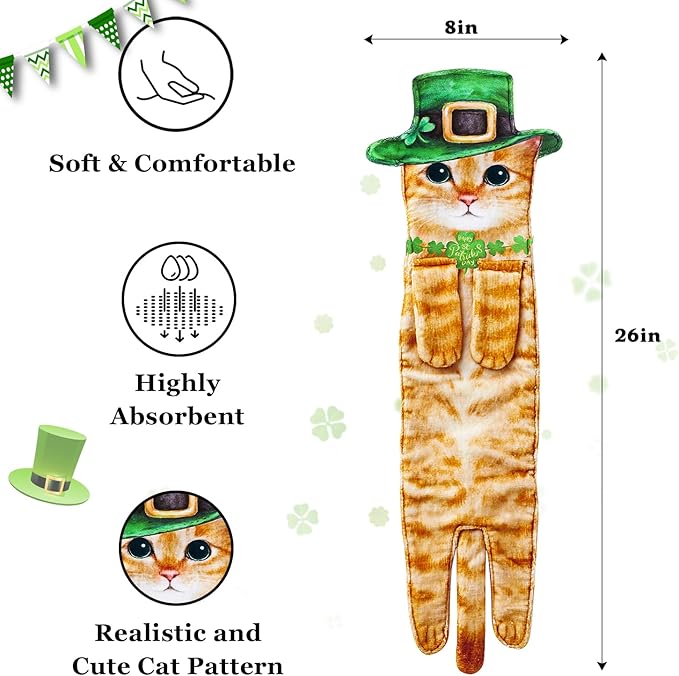 St Patrick Day Cat Hand Dish Towels- Shamrock Garland St Patricks Day Decorations Decor for Home Kitchen Bathroom-Unique Housewarming Mothers Birthday Gifts for Women Cat Lovers