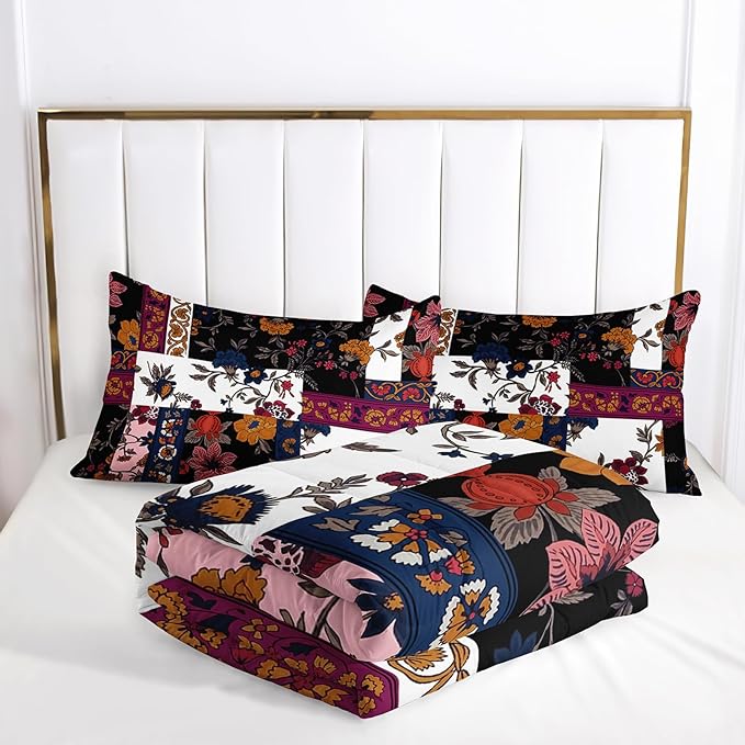 Boho Floral Comforter Set Queen Size Checkered Flower Bedding Sets 3PCS for Kids Teen Adult Retro Flowers Room Decor Ultra-Soft Lightweight Microfiber 1 Comforter with 2 Pillowcases