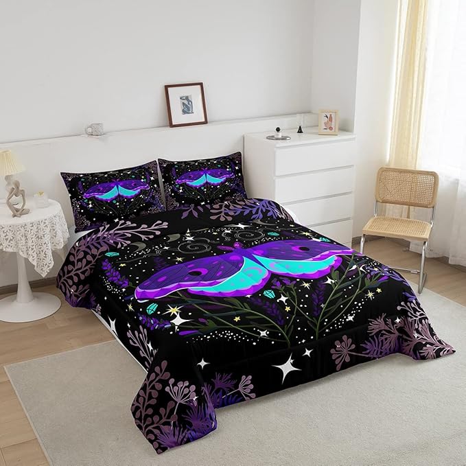 Butterfly Bedding Sets Black Purple Stars Moon Phase Comforter Set Twin Hippie Galaxy Botanical Bedding Comforter Set For Kids Girls Teen Women Trippy Wild Lavender Bed Quilt Room Decor 1 Pillowcase