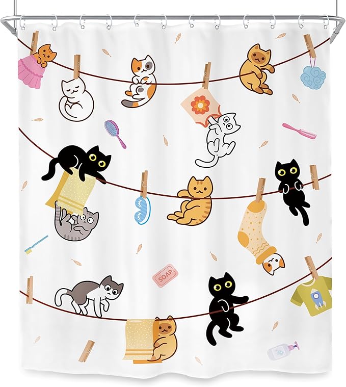 SVBright Cute Cat Shower Curtain 60Wx72L Inch Funny Kids Children Kitten Cartoon Animal Pets Fun Hilarious Lovely Boys Girls 12 Pack Hooks Polyester Waterproof Fabric Bathroom Bathtub Panels