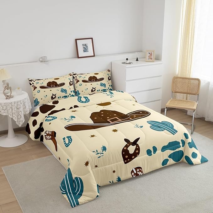 Western Cowboy Comforter Set King Size,Fashion Cowboy Hat Bedding Sets 3Pcs for Kids Girls Boys Teens Room Decor,Desert Cactus Quilt Set Blue Brown Cowhide Print Duvet Insert,2 Pillowcases