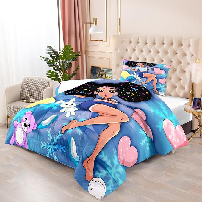 Black Girl Comforter Set - Twin Comforter Set for Girls - African American Comforter Sets for Girls Kids Comforter Sets 2 Piece Blue Pretty Girl with Love Prints Bedding with 1 Pillowcase