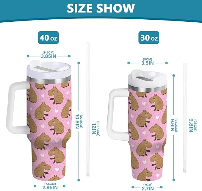 Boccsty Heart Cute Cartoon Capybara Insulated Tumblers Reusable Stainless Steel Tumbler 40 oz Cup Coffee Travel Mug Water Bottle with Handle & Flip Straw for Home Office Car