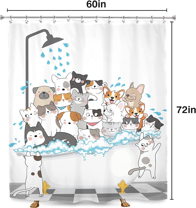 SVBright Funny Cats and Dogs Shower Curtain 60Wx72L Inch Kids Cartoon Cute Pets Animal Bathtub Raining Playing Showering Lovely Boys 12 Pack Hooks Polyester Waterproof Fabric Bathroom Bathtub Panels