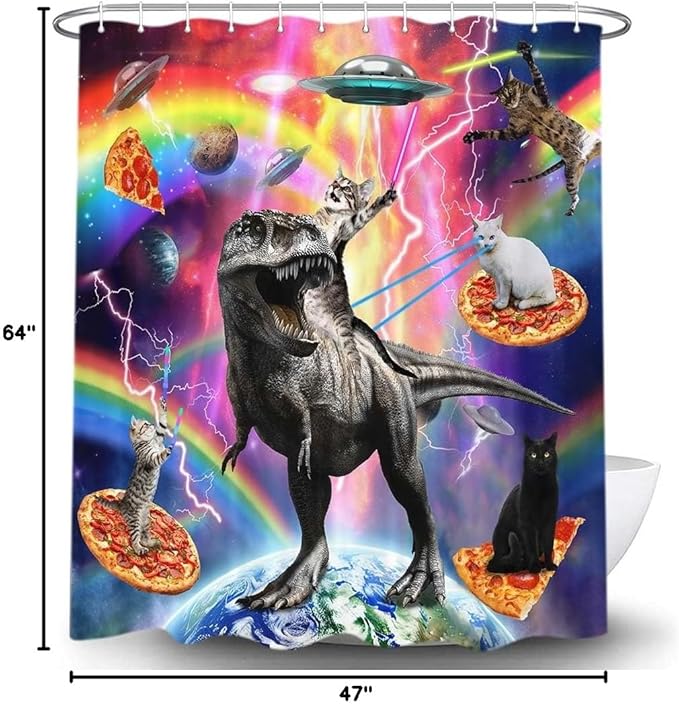 Torich Funny Cat Shower Curtain for Bathroom, Kids Cool Cat Riding Cute Dinosaur on Outer Space Universe Fantasy Galaxy Hilarious Shower Curtain Set, Anime Fabric Bathtub Decor Hooks, 47X64IN