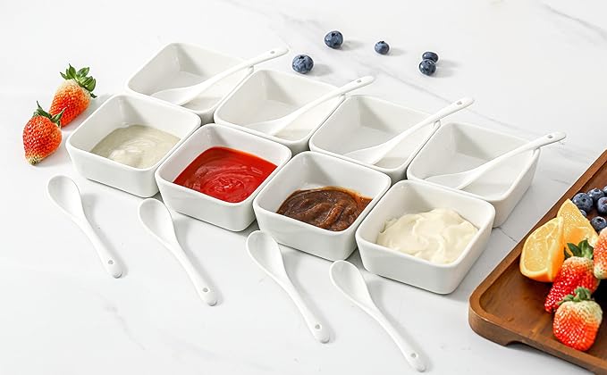 UIBFCWN 3.5 Inch Ceramic Soy Sauce Dish, Square Dipping Bowls with Serving Spoons Set, Ramekins for Sauces, Side Dishes, Appetizers (8 Bowls + 8 Spoons)