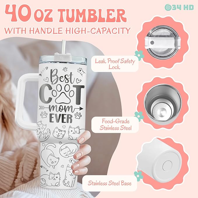 34HD Funny Cat Mom Tumbler with Handle and Straw, 40oz Double Wall Vacuum Insulated Kitty Mug, Pet Owner Gifts for Women, Cat Mom Gifts for Birthday Mothers Day Halloween Christmas