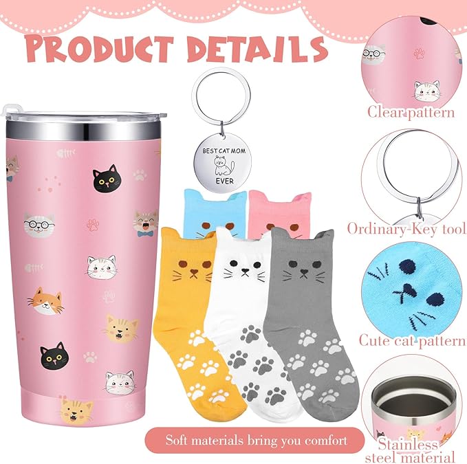 Sliner Teachers Appreciation Gifts Set for Cat Lover, Cat Mom Tumbler with Lid Straw 5 Pairs Cute Socks and Mom Ever Keychain Gifts for Teacher Nurse Grandma, Women Friend Birthday Mother's Day