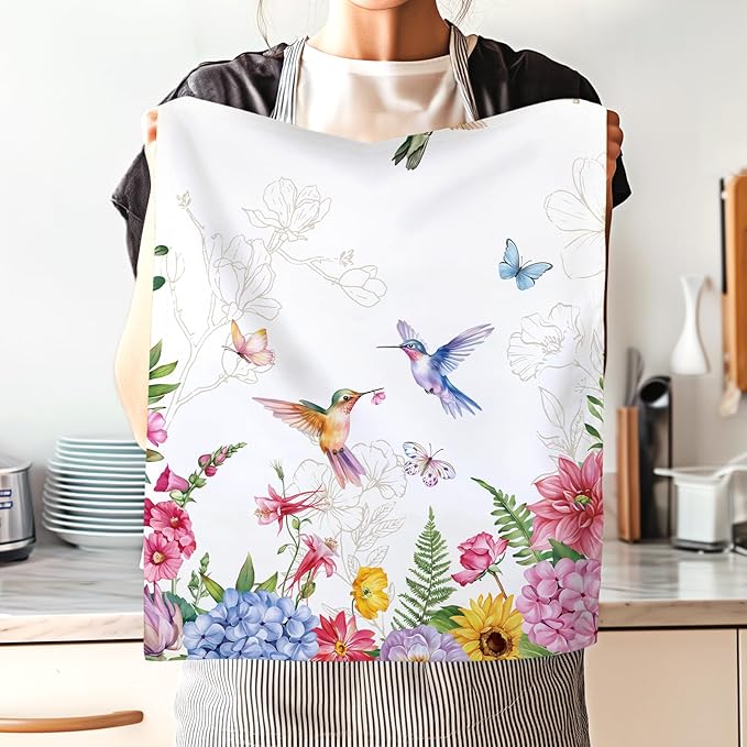 Spring Summer Bird Floral Tea Towels, Cotton Kitchen Towel 18.9 × 27.5 inch, Quick Drying Dish Cloth for Party Anniversary Holiday Decoration Housewarming Gifts