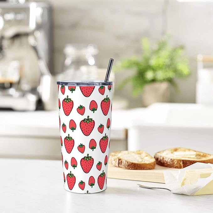 Strawberry Tumbler Berries Stainless Steel Insulated Tumblers with Lid Straw Reusable Summer Fruit Coffee Travel Mug Tea Drinking Water Wine Cups Birthday Gifts for Women 20 Oz