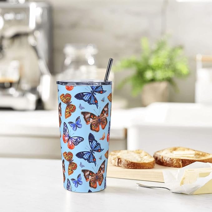 Butterfly Tumbler Blue Butterflies Stainless Steel Insulated Tumblers with Lid Straw Reusable Spring Nature Dream Coffee Travel Mug Tea Water Wine Cups Birthday Gifts for Women 20 Oz