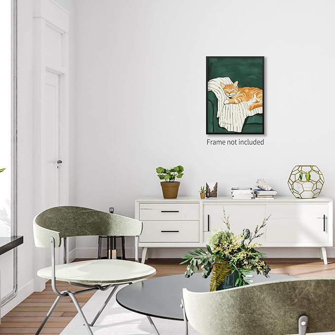 Sleeping Orange Cat poster Green Aesthetic Wall Art Preppy Funky Cute Animal Canvas Painting Gift For Cat Lover for Cozy Room Wall Decor 16x24 inch Unframed