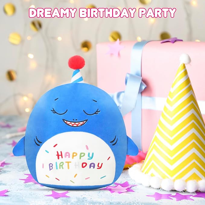 SQEQE Shark Stuffed Animal Toy Happy Birthday Shark Plush Cute Blue Birthday Plushies Doll Home Decor for Kids Girls Boys 10 Inch