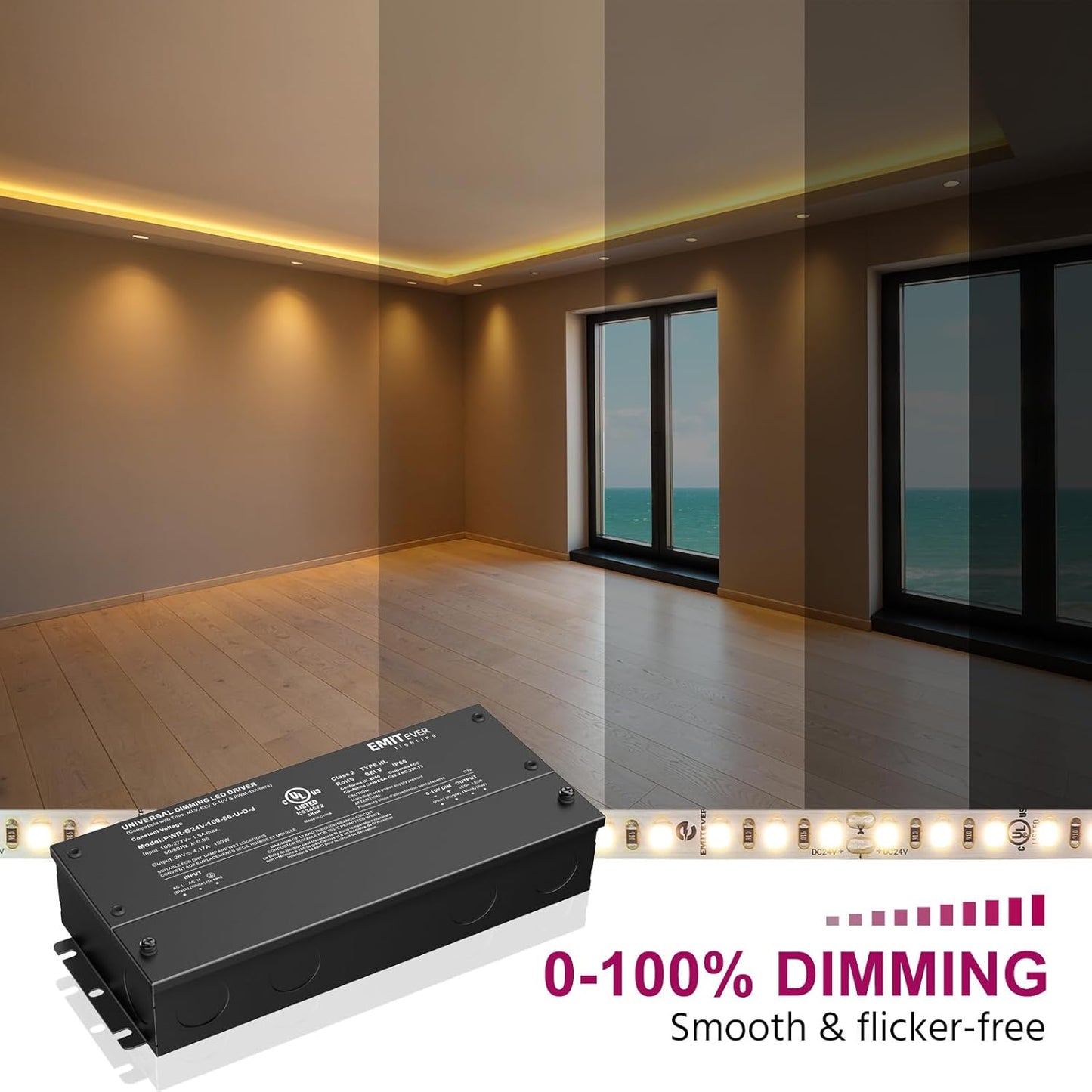 EMITEVER Dimmable Led Driver, 100W AC 100V-277V to DC 24V Transformer, 5-in-1 Dimming: ELV/MLV/TRIAC / 0-10V / 1-10V / 10V PWM/Potentiometer, Waterproof IP67 and UL Listed
