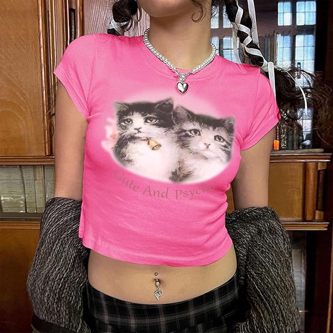 Tuislay Cat Baby Tees for Women Cute Y2k Coquette Shirt Funny Cropped Graphic Tees Top Downtown Girl Aesthetic Grunge Clothes