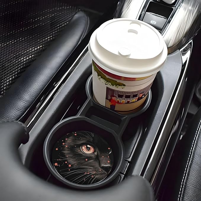 Absorbent Ceramic Car Coasters for Cup Holders, Black Cat Design 2.56" Anti Slip Universal Drink Cup Coasters for Women Men (2 Pack)