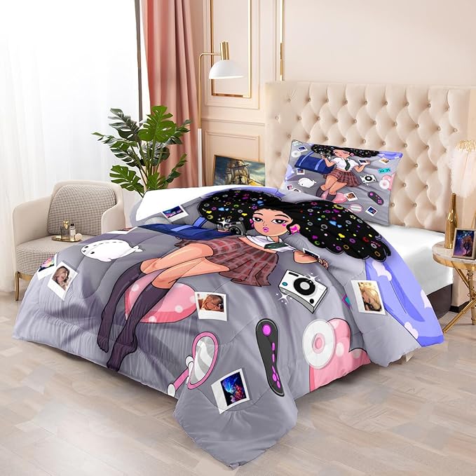 Black Girl Comforter Set - African American Comforter Sets for Kids 2 Piece Pretty Black Girl Bedding with 1 Pillowcase