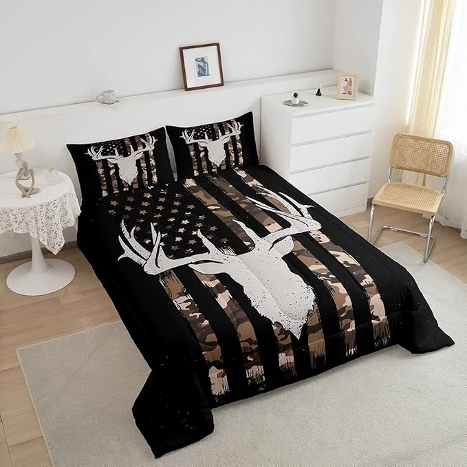 Camouflage American Flag Comforter Set, Hunting Antler Bedding Comforter Sets Brown Black Camo Striped Bedding King Size for Kids Boys Teens Adult Women, Rustic Woodland Animal Duvet Insert
