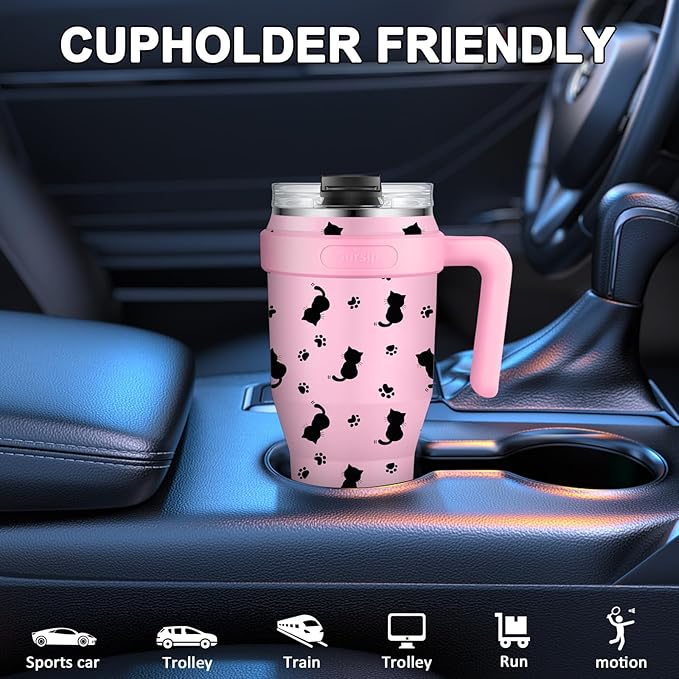 Sursip 40 oz Insulated Tumbler with Screw Lid - Stainless Steel Vacuum Cup with Straw and Handle, For Cold/Hot Drinks - Sweat/Leak Proof, Fits Cup Holder, Ideal Gifts for Women/Men (Pink Kitten)