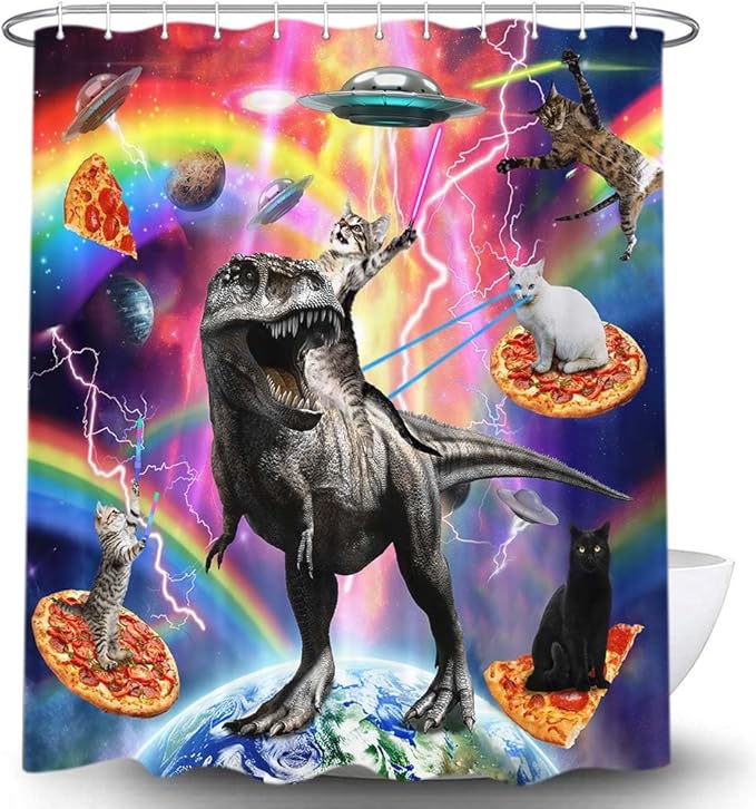 Torich Funny Cat Shower Curtain for Bathroom, Kids Cool Cat Riding Cute Dinosaur on Outer Space Universe Fantasy Galaxy Hilarious Shower Curtain Set, Anime Fabric Bathtub Decor Hooks, 72X84IN