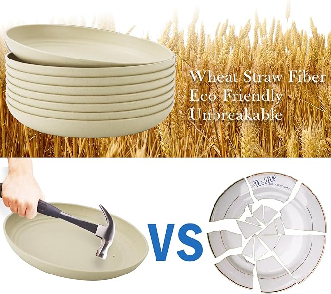 Wheat Straw Dinner Plates, 9 Inch Beige Set of 8, Lightweight Unbreakable Plastic, Microwave & Dishwasher Safe Kids Plates