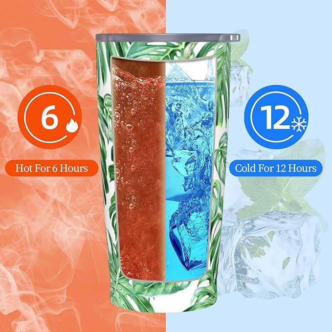 Tropical Palm Leaves Tumbler Stainless Steel Insulated Tumblers with Lid and Straw Reusable Hawaiian Plants Coffee Travel Mug Tea Drinking Wine Cups Unique Gifts for Women 20 Oz