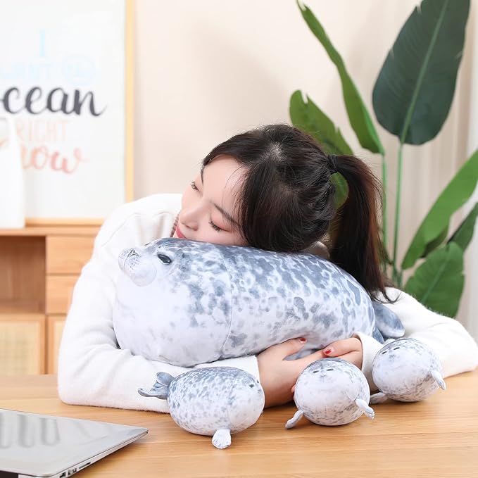 SQEQE Chubby Seal Pillow Plush with 4 Baby Seal Plushies in Her Tummy, Stuffed Cotton Plush Animal Toy Gift for Kids