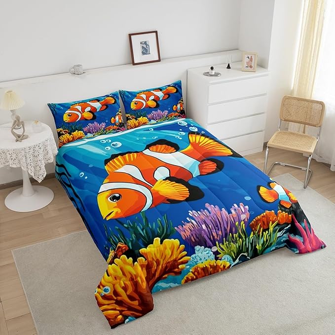 Tropical Fish Comforter Set Queen Size,Colorful Underwater World Bedding Set,Coral Fish Ocean Life Quilt Set for Kids Girls Boys Teens Room Decor,Hawaii Sea Style Duvet Insert,2 Pillowcases