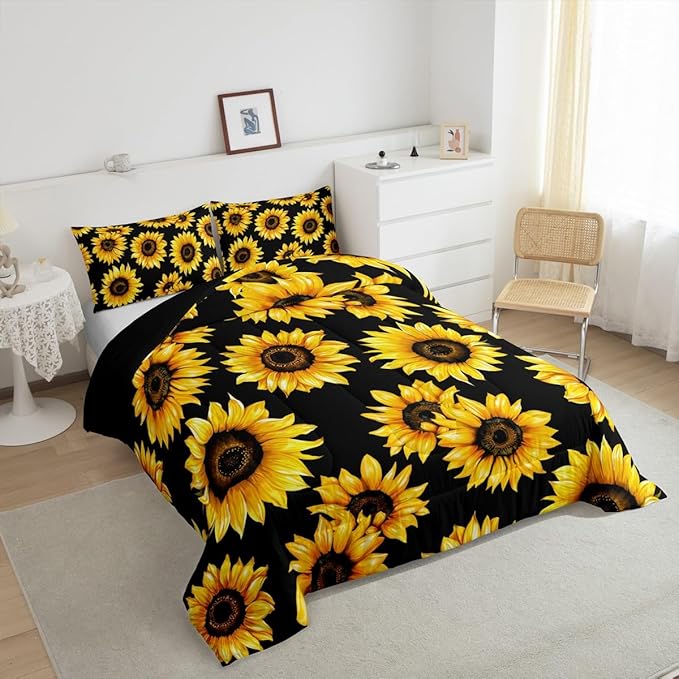 Sunflowers Comforter Set - Black & Yellow Sunflowers Print Bedding Set Twin Size for Kids Girls Women Room Decor,Cute Floral Bedding, 1 Soft Reversible Botanical Flowers Comforter and 1 Pillow Sham