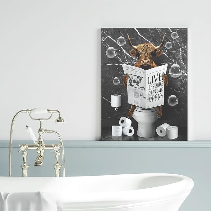 Bathroom Decor Canvas Wall Art Highland Cow Pictures Bathroom Wall Decor Cow Sitting in Toilet Painting Black and White Wall Art for Bathroom Toilet Artwork Framed 16"x20"