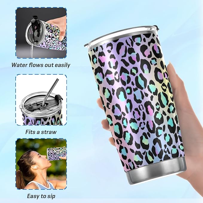 Tumbler Cute Neon Gradient Leopard Print Insulated Office Coffee Cup Back to School Beverage Container Travel Mug with Straw and Lid Double Wall Stainless Steel 20oz