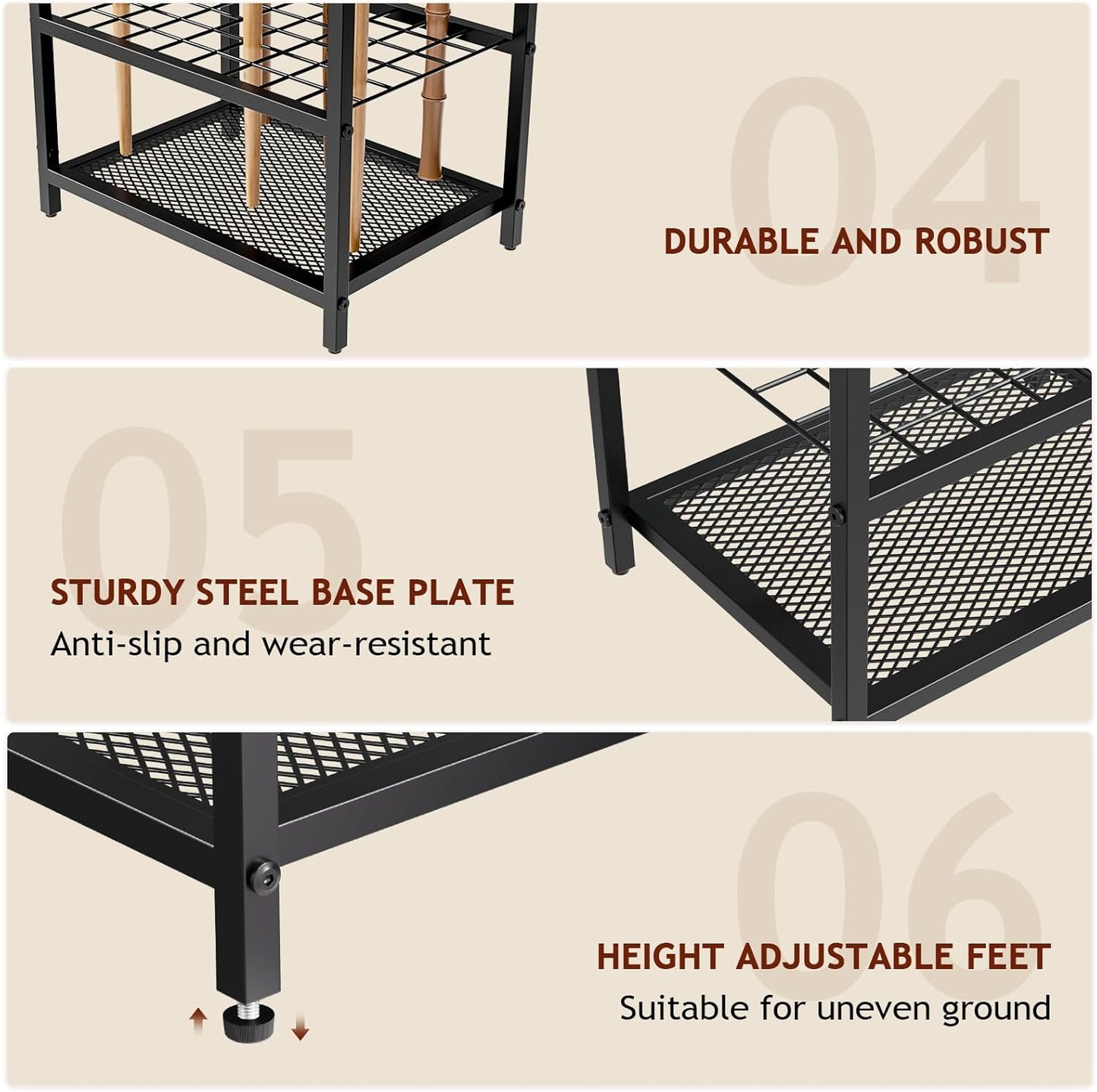 Garden Garage Tool Organizer Yard Tool Organizer for Garage with 4 Hooks, Heavy duty Steel Garden Tool Rack Holds up to 48 Long Handled Yard tools for Storage