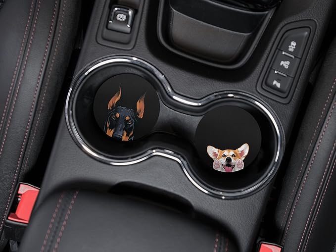 WIRESTER, Black Rust Doberman Pinscher Dog, Red Pembroke Welsh Corgi Dog Design Absorbent ROUND Fabric Felt Neoprene Car Coasters for Drinks (2.87 inches), 2pcs Set