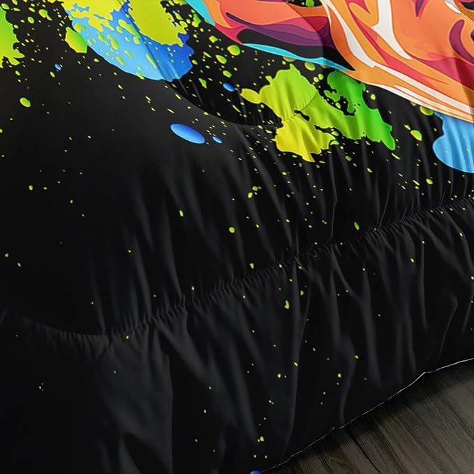 Black Basketball Comforter Set King Size,Watercolor Tie-dye Comforter Color Graffiti Hip Hop Style King Bed Set,Ball Sports Games Bedding Set for Teens Kids Bedroom Decor with 2 Pillowcases.