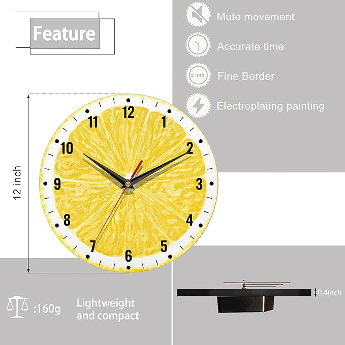 SPUNKER Wall Clocks,Lemon Yellow Fruits 10 Inch Wall Clock,Summer Small Battery Operated Wall Clocks Decorative for Kitchen/Living Room/Bedroom/Bathroom/Dining Room