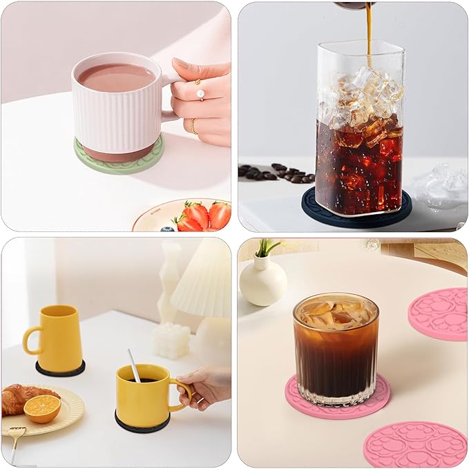 Black Silicone Coffee Coaster Set of 6 with Holder, 4 Inches Modern Bar Coasters for Desk, Tabletop Non Slip Decorative Cup Mat for Drinks, Beer, Beverage - Dishwasher Safe