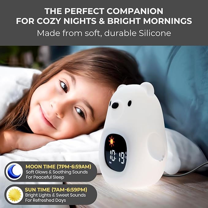 Bumble & Bright Bear Kids Alarm Clock with Night Lamp & Sound Machine | 8 Soothing Colors & 6 Relaxing Sounds | USB Powered | Adorable Alarm Clock for Kids, Girls & Boys