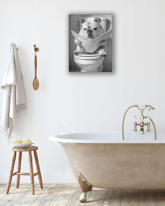 UPWOIGH Bathroom Wall Art, Black and White French Bulldog Dog Reading the Newspaper Wall Docer, Wood Framed Canvas Wall Art Animals Abstract Prints, 12"x16" High-end Pictures for Dormitory Kids Room