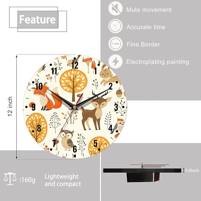 SPUNKER Clocks for Living Room,Cute Animals 10 Inch Wall Clock,Autumn Forest Small Battery Operated Wall Clocks Decorative for Kitchen/Living Room/Bedroom/Bathroom/Dining Room