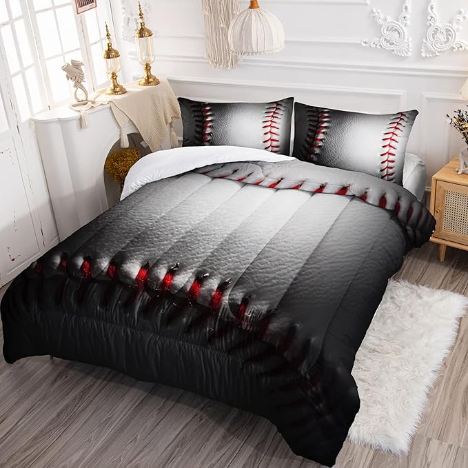 BSNTHO 3D Baseball Comforter Set Twin Size for Boys Sports Games Comforter Set Kids Sports Bedding Set with 2 Pillowcases Baseball Comforter for All Season