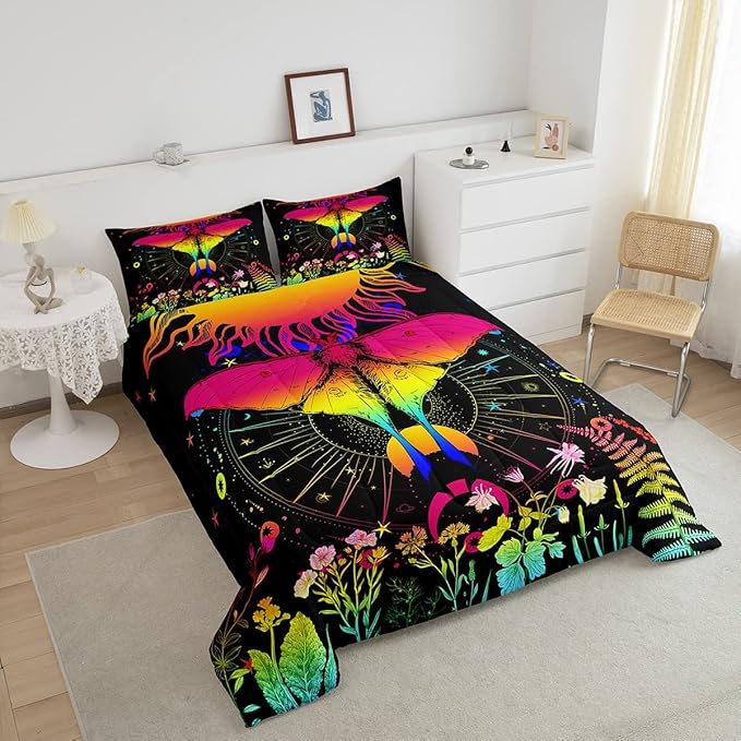 Sun and Moon Comforter Set Queen Rainbow Moth Bedding Sets Hippie Psychedelic Floral Botanical Comforter For Girls Teen Women,Trippy Galaxy Stars Planet Quilt Duvet Colorful 2 Pillow cases